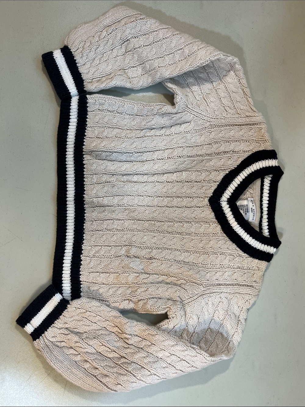 Max Studio Cream Cable Knit Sweater with Black & White Stripe Trim